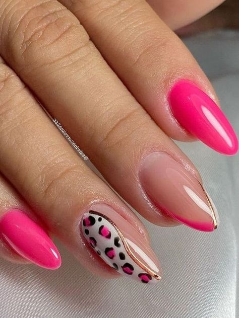 Almond-shaped pink nails with a chevron tip and animal print accent Hot Pink Design Nails, Trendy Nails Hot Pink, Nails Fucsia Hot Pink, Bright Pink Nail Ideas, Hot Pink Nails Ideas, Bright Pink Nails With Design, Hot Pink Almond Nails, Bright Pink Nail Designs, Hot Pink Nails With Design