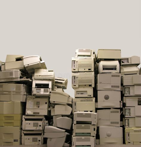 E-waste. Stack of old and obsolete printers ready for recycling or disposal , #AD, #obsolete, #Stack, #waste, #printers, #disposal #ad Printer Aesthetic, Computer Aesthetic, Office Photography, Old Office, Electronic Waste, Retro Computer, Retro Radios, E Waste, Old Technology