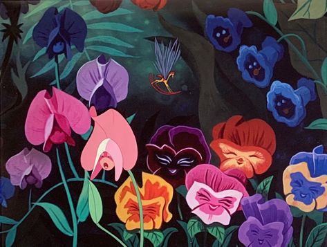 Original Production Animation Cel of Sweet Pea Flower from "Alice In Wonderland," 1951 Flower From Alice In Wonderland, Sweet Pea Flower, Alice In Wonderland 1951, Animation Cel, Pea Flower, Sweet Pea, Alice In Wonderland, Walt Disney, Oil Painting