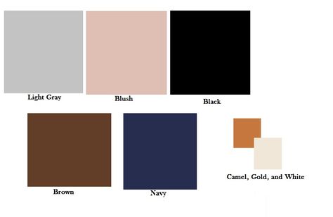 My colors for my custom capsule wardrobe. Blush pink, light grey, black, brown, and navy blue with accessories in gold and camel brown. Grey Comforter Bedroom, Camel Color Palette, Blush Pink Palette, Light Brown Bedrooms, Light Spring Color Palette, Grey Comforter, Brown Rooms, House Color Palettes, Gold Living Room