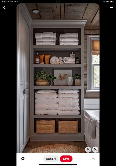 Custom Bathroom Storage Cabinet, Bathrooms With Cabinets, Diy Corner Linen Cabinet, Linen Shelves In Bathroom, Bathroom Storage Shelf Ideas, Bathroom Clothes Storage, Bathroom Shelving Ideas The Wall Storage, Bookcase In Bathroom, Open Storage Bathroom