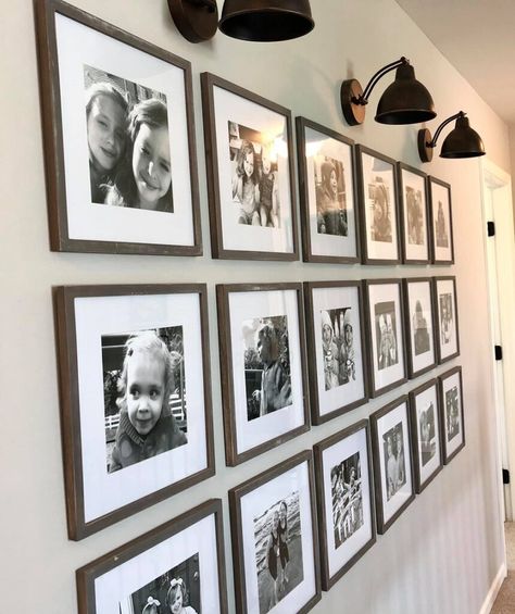 Photo Gallery Wall with Light Sconces Gallery Wall With Lights, Gallery Wall With Sconces, Wall With Lights, Photo Gallery Wall, Hallway Pictures, Hallway Gallery Wall, Diy Gallery Wall, Picture Gallery Wall, Family Photo Wall