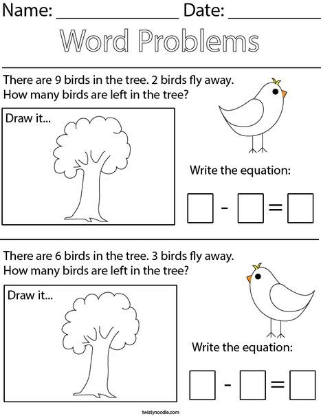 Bird Subtraction Word Problems Math Worksheet - Twisty Noodle Story Problems Kindergarten, Math Problems For Kids, Word Problems Kindergarten, Simple Word Problems, Kindergarten Math Worksheets Addition, Subtraction Kindergarten, Cvc Words Kindergarten, Homeschool Lessons, Twisty Noodle