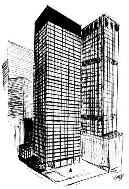 Seagram Building, arquitectos Mies Van der Rohe y Philip Johnson Mies Van Der Rohe Sketch, Miles Van Der Rohe, Mies Van Der Rohe Architecture, International Style Architecture, Seagram Building, Post Modern Architecture, Building Sketch, Philip Johnson, Building Drawing