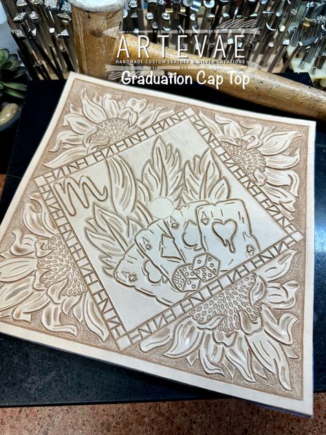 Leather Work Graduation Cap, Tooled Leather Patch, Tooled Graduation Cap, Tooled Leather Grad Cap, Leather Tooled Graduation Cap, Leather Graduation Cap Ideas, Tooled Leather Tattoo Sleeve, Leather Grad Cap, Leather Graduation Cap