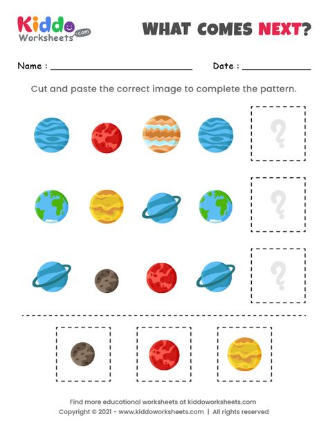 Free Printable What comes next Planets Worksheet - kiddoworksheets Planets Worksheets For Kids, Pattern Grading, Cut And Paste Worksheets, Math Patterns, Pattern Worksheet, Pattern Recognition, Shapes Worksheets, Educational Worksheets, Free Printable Worksheets