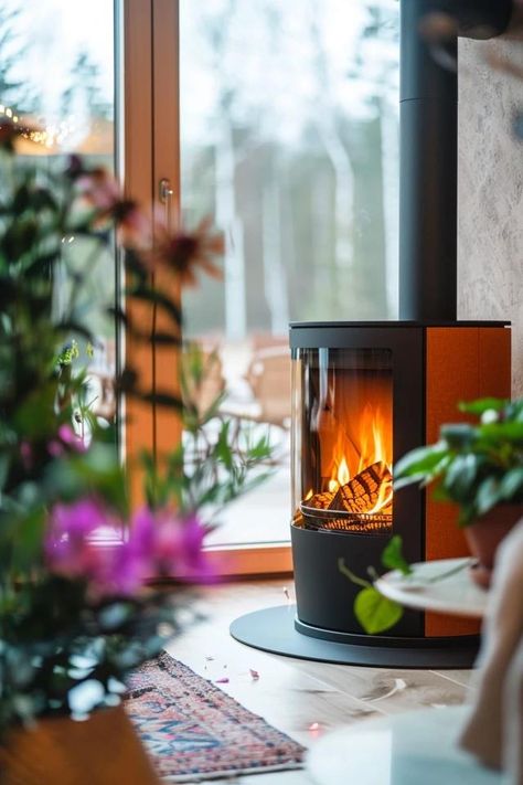 Warm Up Your Space: Pellet Stove Fireplace Ideas Small Freestanding Fireplace, Modern Pellet Stove Ideas Living Rooms, Propane Stove Fireplace, Potbelly Stove Fireplace, Wood Stove Living Room Ideas, Pellet Stoves Free Standing, Hearth Ideas For Wood Stove, Corner Pellet Stove Ideas, Pellet Stove Hearth Ideas