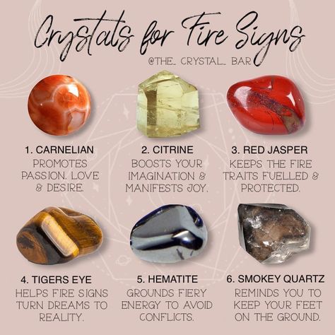 T H E C R Y S T A L B A R ☾© on Instagram: “🔥 ♈️ 🔥 ♌️ 🔥 ♐️ 🔥 Aries, Leo and Sagittarius all fall under the element fire. Those born under these signs are strong, creative and fun.…” Crystal Healing Chart, Element Fire, Leo And Sagittarius, Aries Leo, Crystal Power, Crystal Guide, Crystals Healing Properties, Spiritual Crystals, Spirit Quartz