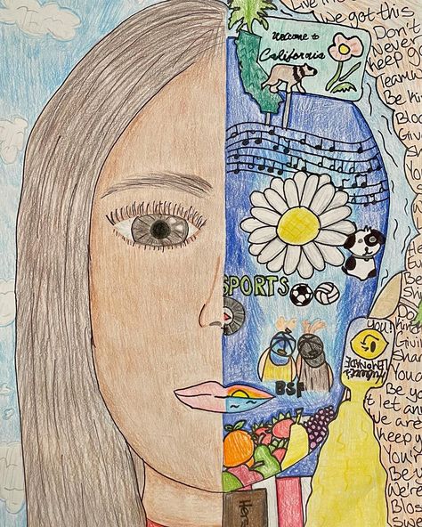 Osage Trail Middle School ART on Instagram: "My Art 2 students made Two-Faced Portraits earlier this school year and did fantastic. They loved drawing about themselves and sharing…" Kolaj Art Ideas For Kids, Summer School Art, Selfie Art, Therapy Fun, Loved Drawing, All About Me Art, Self Portrait Art, Profile Art, Two Faced