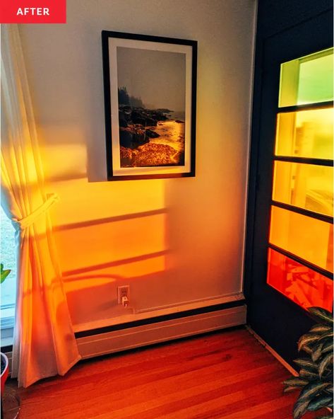 A Faux Stained Glass Window Gets A Dreamy $115 Makeover | Apartment Therapy Stained Glass Furniture, Faux Stained Glass Window, Flat Design Ideas, Diy Stained Glass Window, Window Stained, Faux Window, Modern Stained Glass, Living Room Door, Stained Glass Door