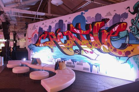 Custom decor can be used to create stand out elements, like this graffiti wall used at an OTS produced event in Copenhagen! Club Lounge Interior Design, Bar Lounge Decor, Brand Activation Ideas, Graffiti Party, Fair Theme, Dinner Event, City Vibes, Event Stand, Event Activities