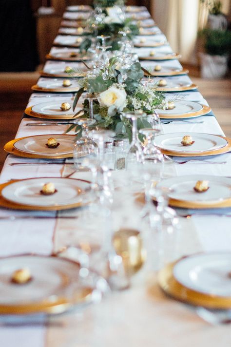 Table Settings with Ferrero Rocher® Gold Foil Stationery, Gold Wedding Inspiration, Gold Color Palettes, Wedding Centerpieces Diy, Bridal Musings, Whimsical Wonderland Weddings, Rustic Barn Wedding, Ferrero Rocher, Wedding Tablescapes