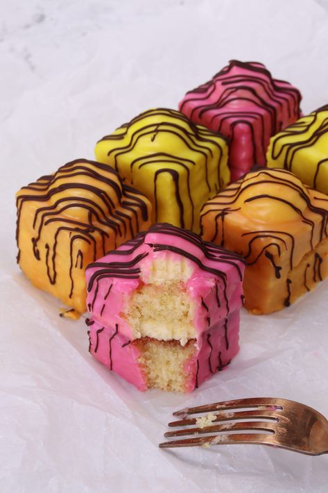 French Fancies French Fancies, French Buttercream, Smooth Icing, Spring Baking, Vanilla Icing, Vanilla Sponge, Square Tray, Chocolate Drizzle, Small Cake