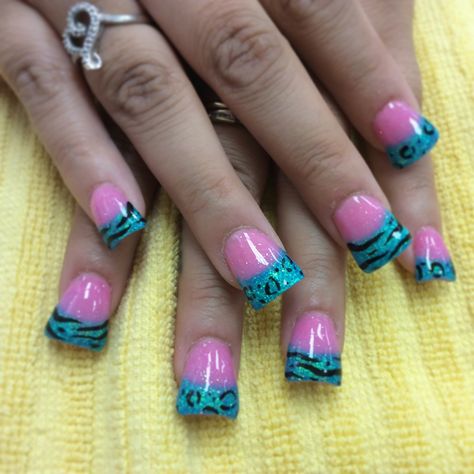 Blue and bright pink acrylic nails with cheetah and zebra designs Bright Pink Acrylic Nails, Nostalgia Nails, Pink Cheetah Nails, Flare Nails, Zebra Print Nails, Nail Glam, French Manicure Designs, Cheetah Nails, Duck Nails