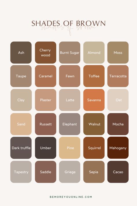 Shades Of Brown Pallete, Name Of Brown Colors, Cool Toned Room Aesthetic, Brown Tone Palette, Cool Color Tones Colour Palettes, Brown Color Schemes Outfit, Room Color Ideas Brown, Brown Aesthetic Colour Palette, Brown Tones Palette