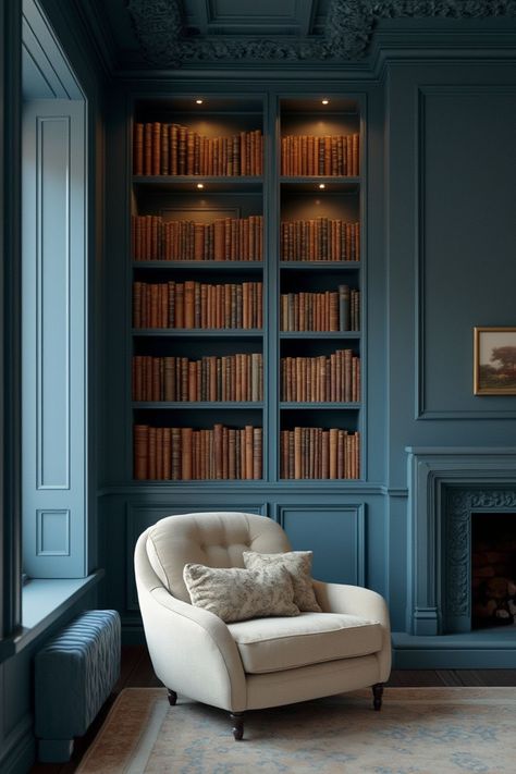 Paint Color For Library, Blue Library Room Wall Colors, Home Library Colors, Home Library Paint Colors, Library Paint Colors, Bookshelf Painting Ideas, Bookshelf Colors, Color Drenching Interiors, Library Family Room