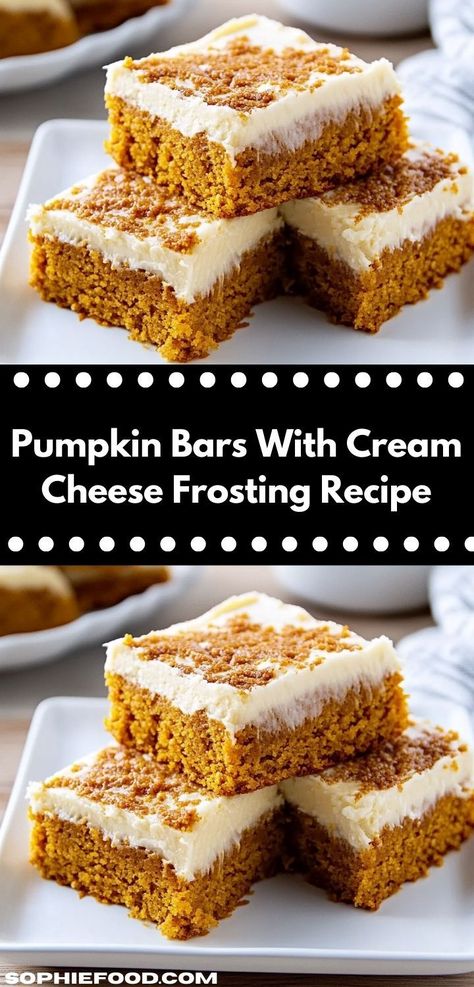 Searching for a family-friendly dessert? Look no further than these Pumpkin Bars with Cream Cheese Frosting. Their moist texture and creamy topping make them an irresistible addition to any gathering or holiday celebration. Easy Pumpkin Bars, Pumpkin Bars With Cream Cheese, Bars With Cream Cheese Frosting, Bars With Cream Cheese, Cheese Frosting Recipe, Pumpkin Pie Bars, Cream Cheese Frosting Recipe, Pumpkin Bars, Frosting Recipe