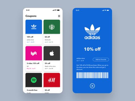 Daily UI Challenge #061 Redeem Coupon by Tomo Suzuki Ui Design Mobile, Card Ui, Adidas Store, Daily Ui, Coupon Websites, Coupon Apps, Coupon Design, Mobile App Ui, App Interface