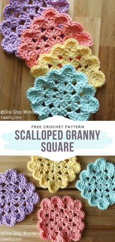 Classic Granny Square Pattern Free, Scalloped Granny Square, Crochet Granny Square Coasters Free Pattern, Crochet Granny Square Coasters, Free Crochet Patterns For Granny Squares, Shell Granny Square Crochet, Granny Square Coasters Free Pattern, Granny Square Crochet Pattern Free Afghans, Sugar And Cream Yarn Patterns Crochet