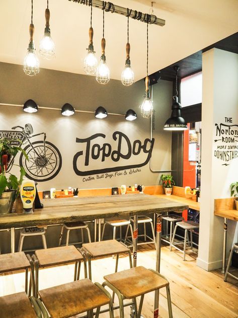 Hot Dog Restaurant Design, Hot Dog Restaurant, Marissa Hermer, Hot Dog Restaurants, Pet Cafe, Feature Lighting, Restaurant Design Inspiration, Pretty Logo, Dog Cafe