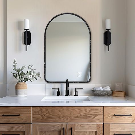 PRICES MAY VARY. Sus304 Stainless Steel Frame+high Silver Glass+mdf Backboard+tube Frame Design 【Unique Black Marble Vein Mirror】: The Andy Star arched mirror features a tube metal frame with black and white faux marble coloring, making it stand out in any space. Its timeless design complements modern, industrial, rustic, or farmhouse decor 【Craftsmanship&Timeless Design】: Redefine sophistication with Andy Star arched wall mirror. The arched top, framed with a unique black marble vein tube and m Rounded Rectangle Mirror, Black Bathroom Vanity, Bathroom Mirror Ideas, Moon Mirror, Mirror For Bathroom, Rounded Rectangle, Rectangle Mirror, Bathroom Inspo, Bathroom Vanity Mirror