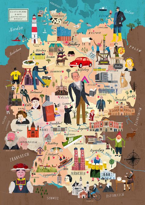 map of Germany for Goethe Institute Bucharest Map Of Germany, Germany Map, Language Art, Modern Map, King Of Hearts, Country Maps, Europe Map, Illustrated Map, Central Europe