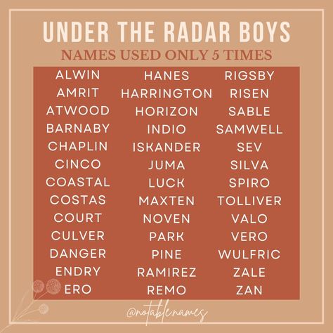 Bold, daring and ultra rare, these boy names were only used 5 times in 2023. For the USA data, these are the rarest names recorded as they won't publish names used less than 5 times for privacy. Perfect inspiration for the daring namer, these unique and almost one of a kind picks are so cool. Worried these might be TOO rare for you? Consider using a more unique name in the middle spot which makes for a fun and unexpected twist! #names #boynames #babynames #babynameinspo #babyboynames #baby... Marcus Name, A Names Boys, Names Boy, Name Ideas Boy, Rare Boy Names, Character Name Ideas, Names For Boys, Rare Beautiful Names, Boys Names