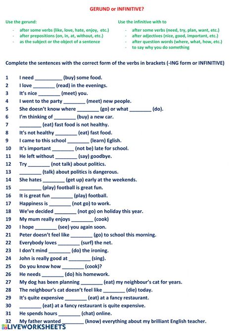 Gerund or Infinitive interactive exercise for Pre-intermediate. You can do the exercises online or download the worksheet as pdf. Infinitives Grammar, English Conversation Learning, English Grammar Exercises, Learn English Speaking, English Teaching Materials, Grammar Exercises, English Exercises, English Grammar Worksheets, English Vocab