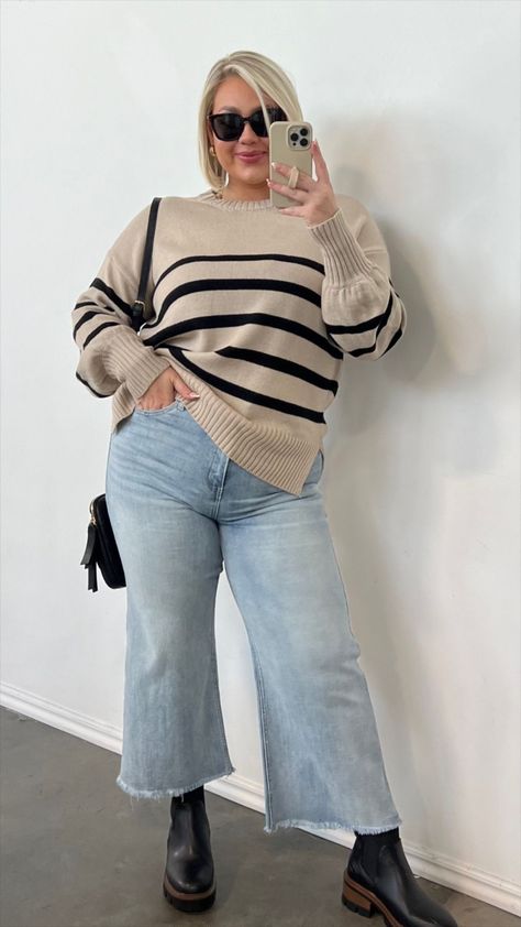 plus size holiday outfit inspo Winter Outfit For Curvy Women, Crew Sweater Outfit Women, Fall 2024 Outfits Plus Size, Plus Size Blundstone Outfit, Plus Size Mum Fashion, Neutral Outfits Plus Size, Oversized Striped Sweater Outfit, Fall Outfits Thicker Women, Fall Date Night Outfit Plus Size