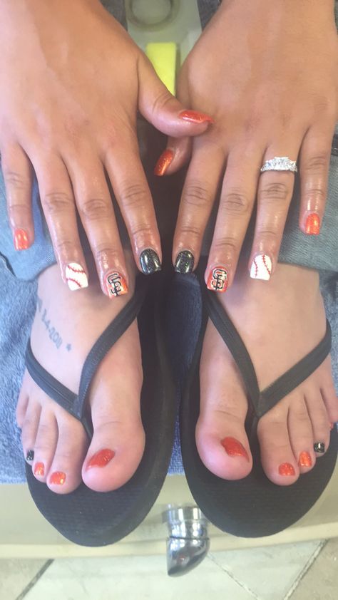 San Francisco Giants Nails Design, Sf Giants Nails Designs, Baseball Themed Nails, San Francisco Giants Nails, Sf Giants Nails, Giants Nails, Baseball Nail Designs, Sport Nails, Sports Nail Art