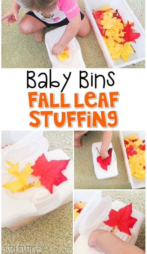 This leaf stuffing activity is great for a fall theme and is completely baby safe way to build fine motor skills. These Baby Bin plans are perfect for learning with little ones between 12-24 months old. Fall Sensory Bin, Fall Activities For Toddlers, Autumn Activity, Fall Lesson Plans, Infant Lesson Plans, Toddler Lessons, Toddler Curriculum, Infant Classroom, November Activities