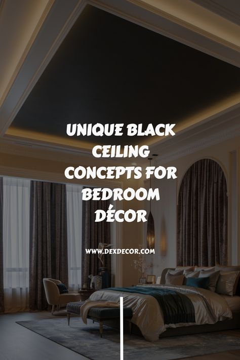 Elegant bedroom with a unique black ceiling and sophisticated décor. Black Cathedral Ceiling, Black Beadboard Ceiling, Recessed Ceiling Ideas Master Bedrooms, Fabric Ceiling Ideas Bedroom, Floating Ceiling Ideas, Black Ceiling Bedroom, Recessed Ceiling Ideas, Grey Walls Bedroom, Water Ripple Ceiling