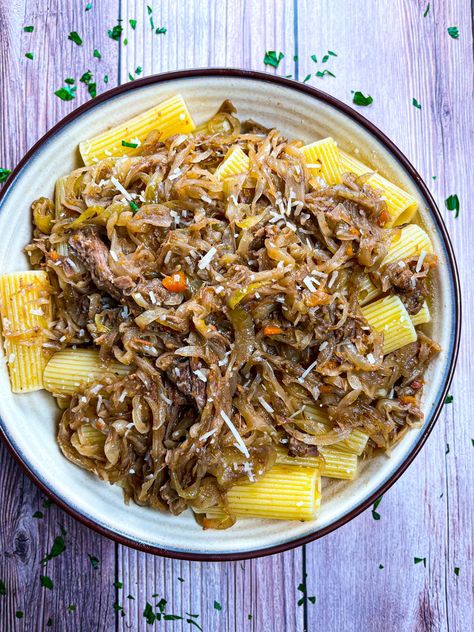 Pasta alla Genovese (6-Hour Beef & Onion Sauce) Genovese Pasta, Pasta Genovese, Meat Sauces, Beef Ragu, Ragu Recipe, Boiling Pasta, Hot Lunch, Onion Sauce, White Wine Sauce