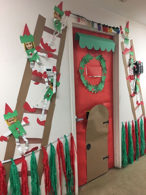 Unique Christmas Classroom Doors, Christmas Door Decorating Contest Two Doors, Ela Door Decorations Middle School, Elves Door Decorations Classroom, Christmas Door Crafts, Santa Workshop Classroom Door, Elf Workshop Door Decorations, Kids Christmas Door Decorations, Christmas Decorating Contest Ideas