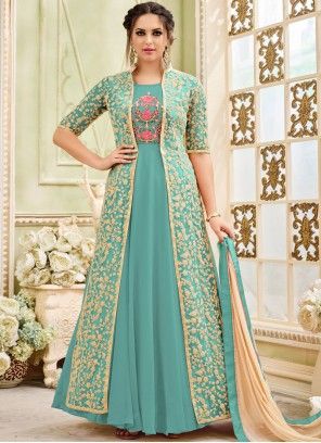 Excellent Embroidered Work Faux Georgette Blue Anarkali Salwar Kameez Dress Shrug, Orang India, Anarkali Salwar, Lehnga Dress, Gaun Fashion, Long Gown Dress, Long Dress Design, Designer Anarkali, Dress Neck Designs