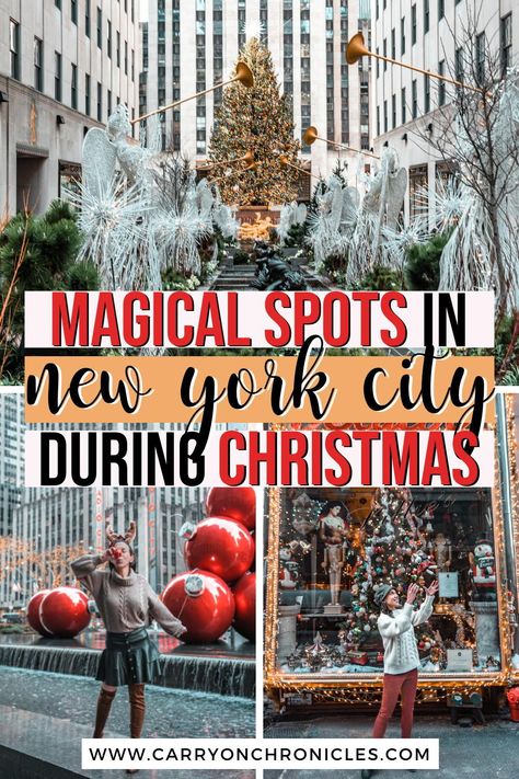 There’s nothing quite like the magic of Christmas in NYC. From the iconic Rockefeller Center Christmas tree lighting, to classic Macy’s Christmas decorations, to larger-than-life Radio City Christmas bulbs, to twinkling New York Christmas lights, NYC in December is a must! So if you’re looking to spend the holidays in NYC, you can’t miss these magical New York Christmas spots. Come celebrate the most wonderful time of the year in New York City! #christmasinnewyork #holidaysinnewyork #saksholiday New York In December, New York Noel, Christmas In Nyc, Nyc In December, Christmas Nyc, New York City Christmas, Nyc Holidays, Travel Nyc, Christmas In New York