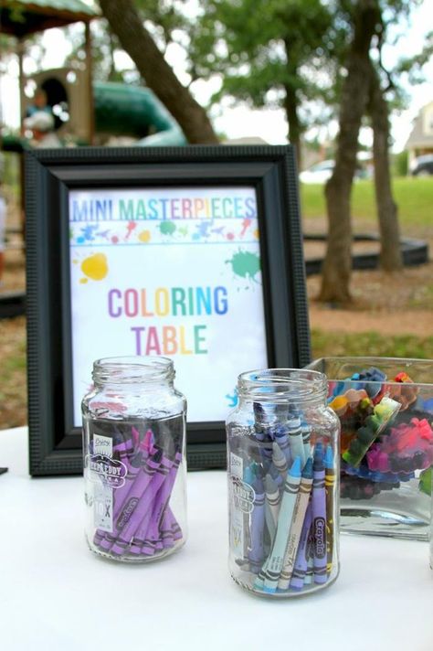 Art Party via Kara's Party Ideas | Kara'sPartyIdeas.com #Art #Coloring #Painting #Rainbow #Ideas #Supplies (16) Art Party Activities, Crayola Birthday Party, Crayon Birthday Parties, Art Themed Party, Rainbow Ideas, Painting Birthday Party, Coloring Painting, Painting Rainbow, Color Table