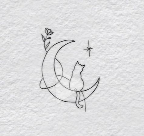 Moon With Cat Tattoo, Cat On Moon Tattoo, Moon And Cat Tattoo, Cat Moon Tattoo, Dinosaur Tattoos, Single Line Tattoo, Planet Tattoos, Cat Tattoo Designs, Thigh Tattoos Women