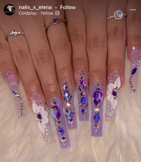 Purple Nails With Diamonds, Purple Quinceanera Nails, Purple Quince Nails, Nails Inspo Purple, Nails Quinceanera, Purple Quinceanera, Quince Nails, Purple Quince, Quinceanera Nails