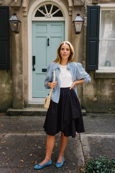 Flat Shoes Outfit, Blue Ballet Flats, Chanel Flats, Julia Berolzheimer, Autumn Wardrobe, Gal Meets Glam, Blue Flats, Denim Button Down, Fall Favorites