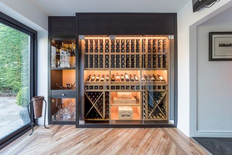 Climate Controlled Wine Wall, Wine Walls, Wine Cellar Wall, Wine Storage Wall, Wine Room Design, Glass Wine Cellar, Wine Rooms, Wine Closet, Modern Home Bar