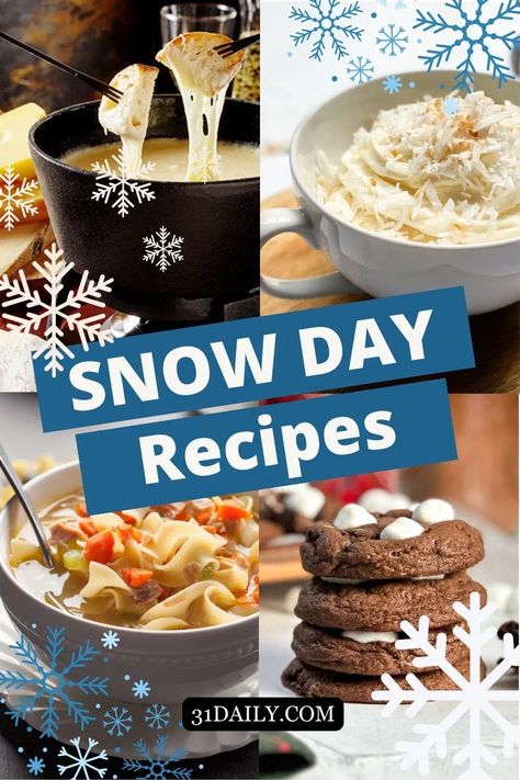 Snowy days call for easy Snow Day winter recipes that are fun to make and delicious to enjoy, whether sweet or savory. Find snacks, desserts, lunch ideas, winter dinner recipes and more! These simple recipe ideas will warm your toes and make snow days one to remember! Snow Day Baking, Warm Foods For Cold Days, Snow Themed Desserts, Snowed In Meals, Cold Weather Snacks, Snow Day Food Ideas, Snow Day Snacks, Snow Day Meals, January Snacks