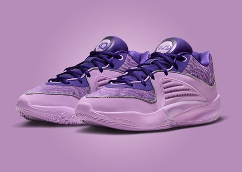 The Nike KD 16 B.A.D. Releases December 2023 Kd 16, Cheap Volleyball Shoes, Kyrie Basketball, Bball Shoes, Hoop Shoes, Nike Volleyball Shoes, Purple Basketball Shoes, Purple Basketball, Volleyball Sneakers