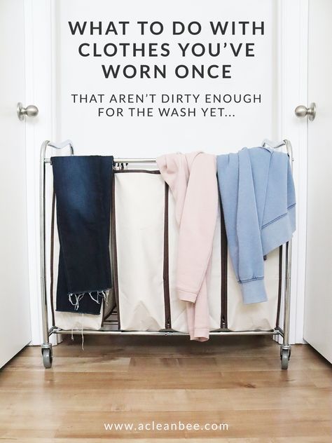 Do you have a pile of the clothes you have worn only once building up on your bedroom chair? There are better (less sloppy) options! #closetorganization #organizedcloset #laundryhacks via @acleanbee Wear Again Clothes Storage, Worn Clothes Storage, Hanging Clothes Organization, Closet Chair, Clothes Rack Bedroom, Dirty Clothes Organization, Throwing Clothes, Clothing Rack Bedroom, Large Wardrobes