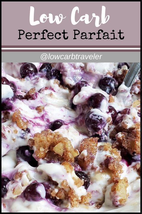 This keto low carb parfait recipe was made into the perfect dessert! Made with low carb yogurt, blueberries, cookie clusters and more. I like to stir it all together, freeze for a few minutes to let it firm up and then eat it. It's more like ice cream! A great mix of some of my favorite foods. A simple no bake, make ahead treat. #lowcarbdessert #lowcarbparfaits Low Carb Yogurt Parfait, Keto Parfait Recipes, Low Carb Parfaits, Keto Yogurt Parfait, Keto Parfait, Ice Cream Keto, Diced Strawberries, Fodmap Meals, Yogurt Blueberries