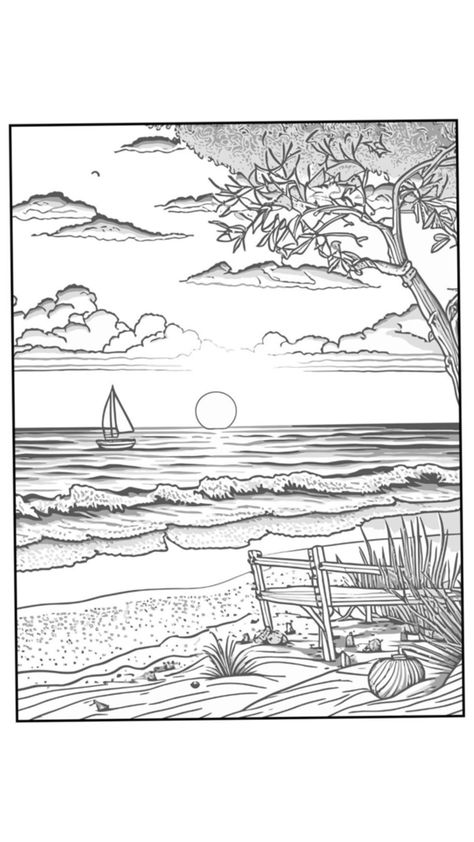 Sunset Coloring Pages, Traceable Drawings, Scenery Coloring Pages, Landscape Coloring Pages, Drawing Sunset, Ocean Coloring Pages, Simple Flower Drawing, Scene Tattoo, Seaside Landscape