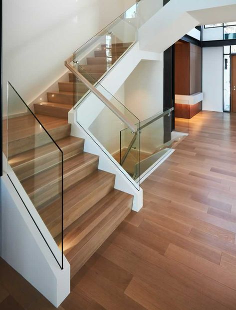 The Truth About Glass Railings - Handyman tips Glass Staircase Railing, Glass Railing Stairs, Modern Stair Railing, Glass Railings, Staircase Railing Design, Glass Stairs, Stair Railing Design, Glass Staircase, Stairway Design