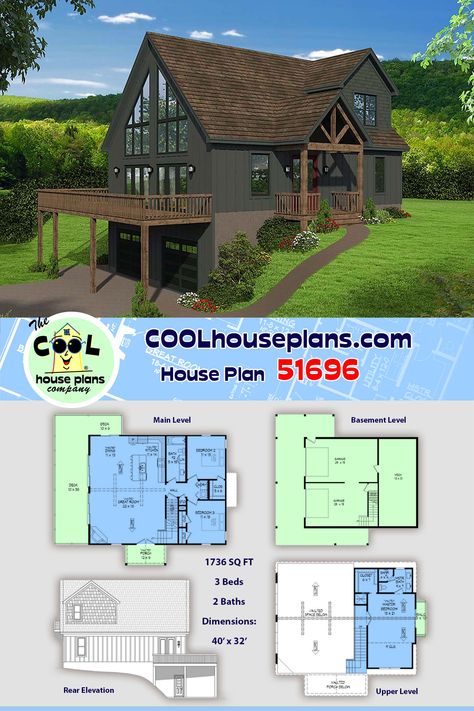 This hillside house plan is perfect for sloping lots or rough terrain.  Some of the features of this building plan include, drive under parking garage, large sunning deck, vaulted ceilings through main living area, beds 2 and 3 on main floor, master on second floor. Master bedroom has a balcony and sloped ceiling. With a large window wall from floor to ceiling this home is a home with a view. Gorgeous views from most anywhere in the house make this home perfect for waterfront or hillside. Sloped Lot House Plans Walkout Basement Garage, House Plans With Basement Garage, Hill House Floor Plan, Vaulted Ceiling House Plans, Sloping Lot House Plan, Hillside House, Garage House Plans, Cabin House Plans, The Plan