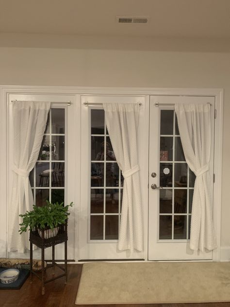 Curtains For Back French Doors, Dressed French Doors, French Door With Blinds Inside, Curtains For Kitchen Door, French Door Curtain Rods, Curtain For Glass Door, Privacy French Door Ideas, Farmhouse French Doors Curtains, French Door Drapes