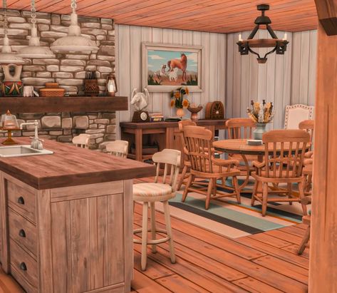 Check out the video tour on my YouTube channel 🤗 First Horse, Ranch Farmhouse, Ranch Kitchen, Sims 4 Kitchen, Sims Builds, Sims 4 House Design, New Creation, Horse Ranch, Cute House